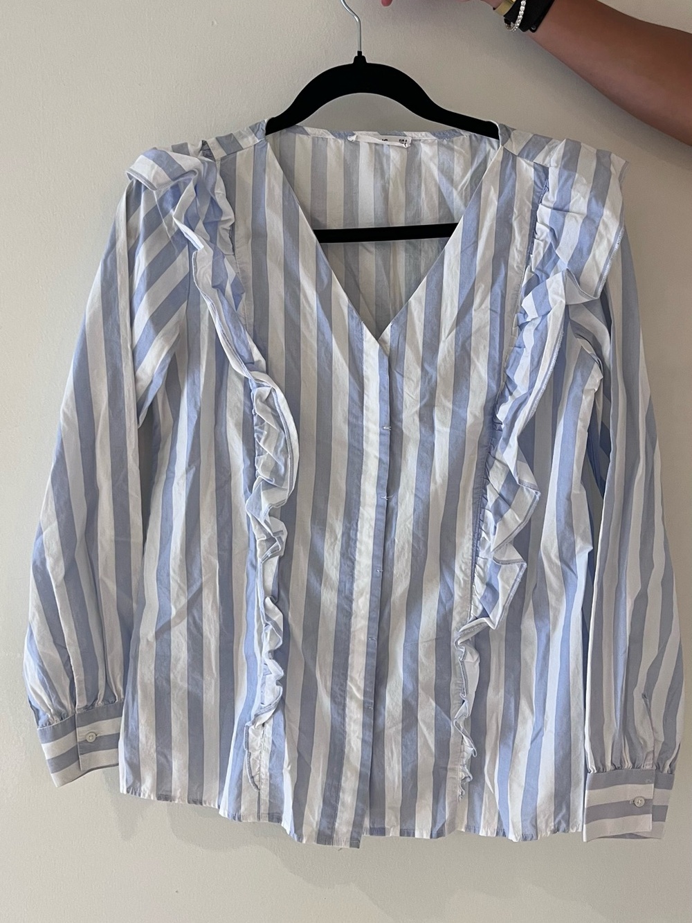 Mango Light Blue and White Striped Ruffle V-Neck Blouse